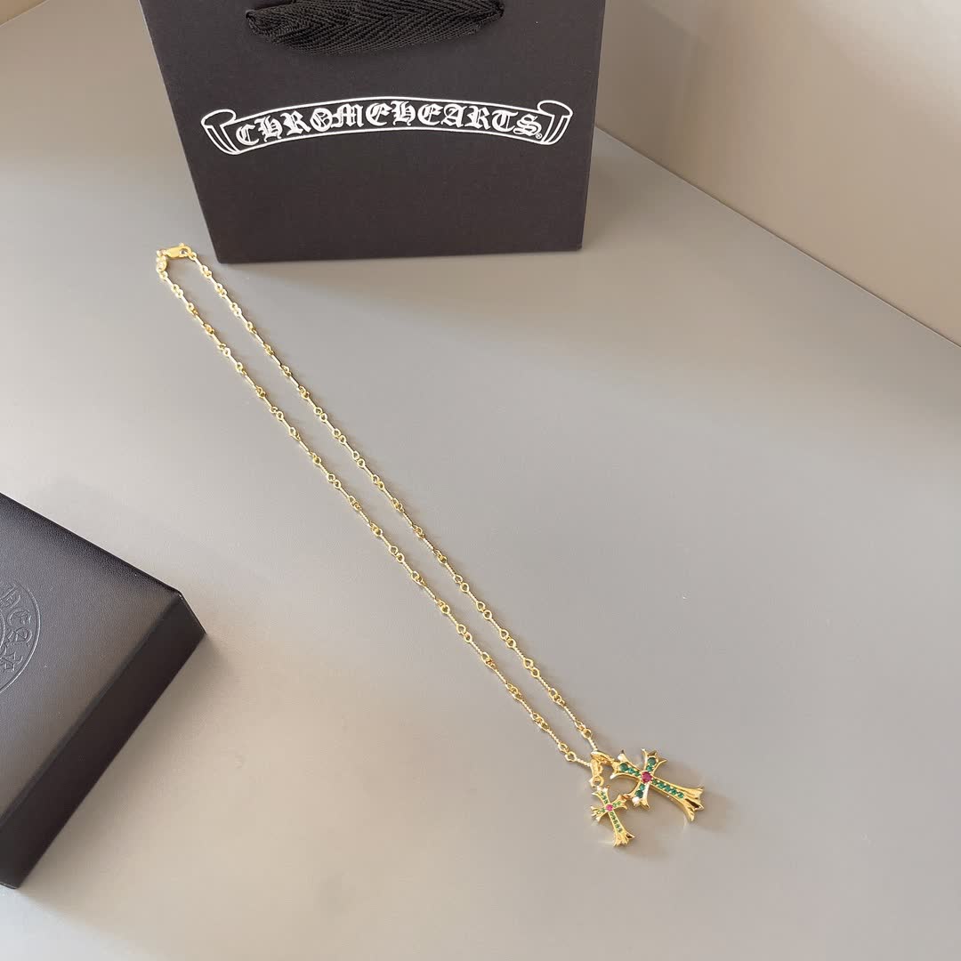 Chrome Hearts Gold-Plated Cross Pendant Necklace